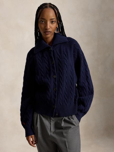 Polo Ralph Lauren Cable Knit Collar Neck Cardigan, Hunter Navy, Hunter Navy