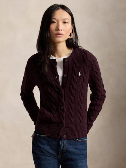 Polo Ralph Lauren Wool Blend Cable Knit Cardigan, Plum