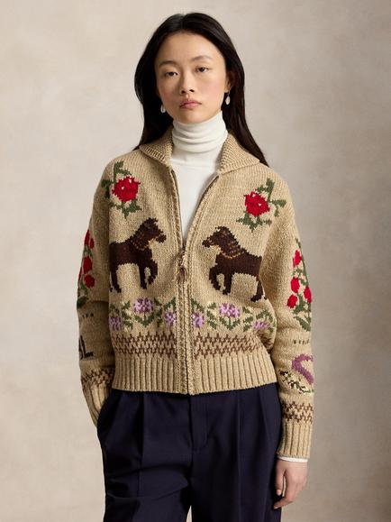 Polo Ralph Lauren Horse Motif Cotton Blend Knit Cardigan, Brown/Multi, Brown/Multi
