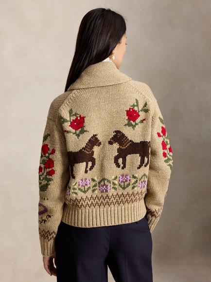 Polo Ralph Lauren Horse Motif Cotton Blend Knit Cardigan, Brown/Multi - view 2, Brown/Multi