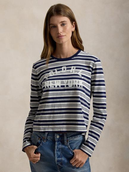 Polo Ralph Lauren Long Sleeve Striped Cotton Jersey T-Shirt, Newport Navy/Nevis, Newport Navy/Nevis