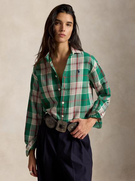 Polo Ralph Lauren Relaxed Fit Check Cotton Twill Shirt, Green/Cream/Multi, Green-cream Multi