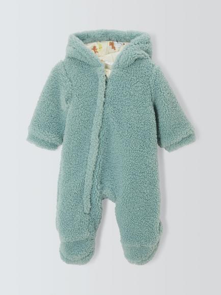John Lewis Baby Fluffy Hooded Pramsuit, Green