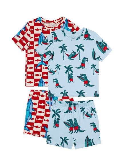 Chelsea Peers Kids' Checkerboard Shark & Surfing Crocodile Print Short Pyjama Set, Pack of 2, Blue, Blue