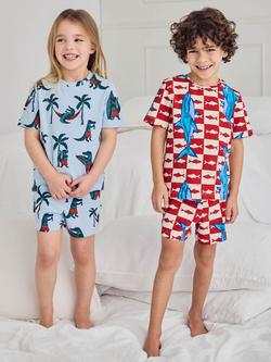 Chelsea Peers Kids' Checkerboard Shark & Surfing Crocodile Print Short Pyjama Set, Pack of 2, Blue - view 2, Blue
