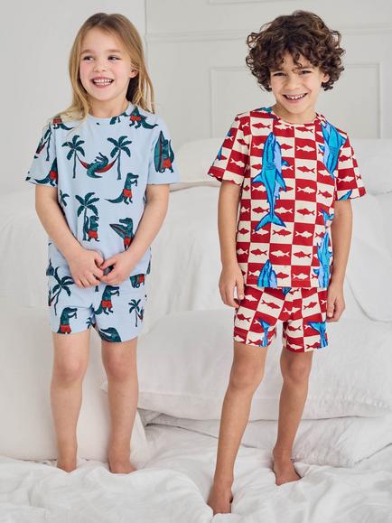 Chelsea Peers Kids' Checkerboard Shark & Surfing Crocodile Print Short Pyjama Set, Pack of 2, Blue - view 2, Blue