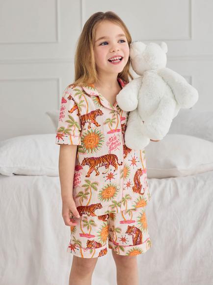 Chelsea Peers Kids' Siesta Tiger Print Short Pyjama Set, Off White, Off White