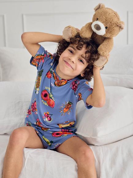 Chelsea Peers Kids' Fruit Party Print Short Pyjama Set, Blue - view 2, Blue