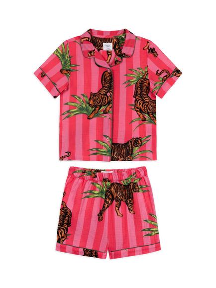 Chelsea Peers Kids' Leaf Tiger Stripe Print Short Pyjama Set, Pink, Pink