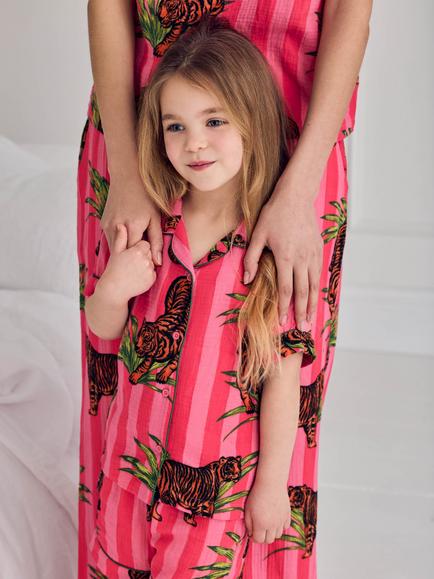 Chelsea Peers Kids' Leaf Tiger Stripe Print Short Pyjama Set, Pink - view 2, Pink