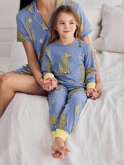 Chelsea Peers Kids' Midnight Leopard Print Long Pyjama Set, Blue - view 2, Blue