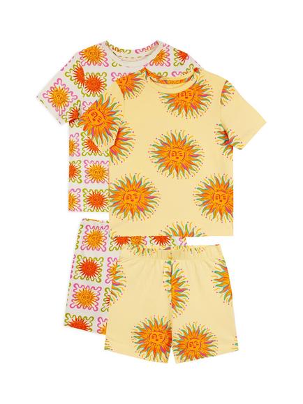 Chelsea Peers Kids' Sun & Sunshine Tile Print Short Pyjama Set, Pack of 2, Yellow, Yellow