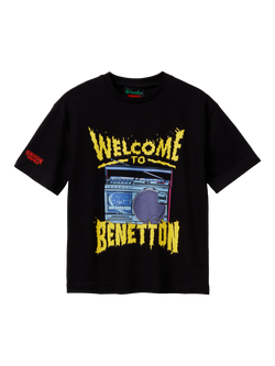 Benetton Kids' Short Sleeve Graphic Print T-Shirt, Black, Black