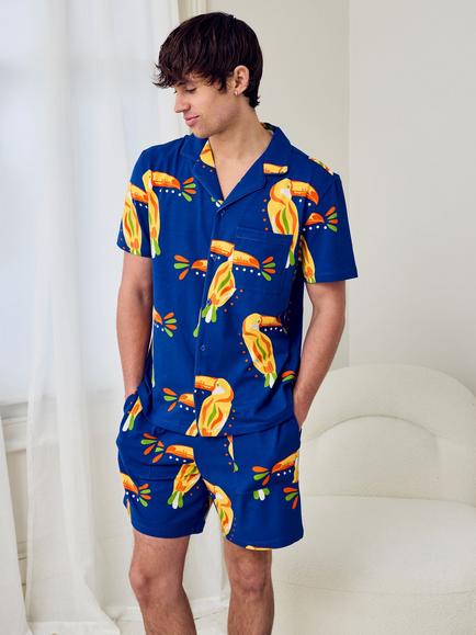 Chelsea Peers Cotton Toucan Print Short Pyjama Set, Blue/Multi, Blue/Multi