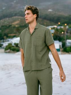 Chelsea Peers Linen Blend Embroidered Back Short Sleeve Shirt, Khaki, Khaki