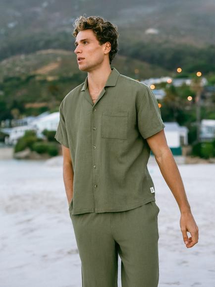 Chelsea Peers Linen Blend Embroidered Back Short Sleeve Shirt, Khaki, Khaki