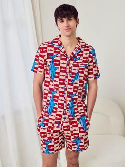 Chelsea Peers Cotton Checkerboard Shark Print Short Pyjama Set, Orange/Multi, Orange/Multi