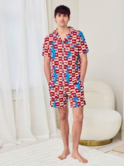 Chelsea Peers Cotton Checkerboard Shark Print Short Pyjama Set, Orange/Multi - view 2, Orange/Multi