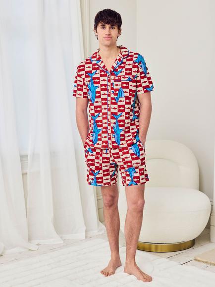Chelsea Peers Cotton Checkerboard Shark Print Short Pyjama Set, Orange/Multi - view 2, Orange/Multi