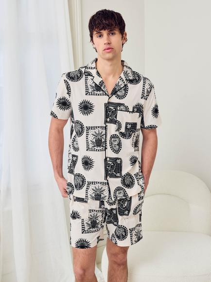 Chelsea Peers Cotton Stamp & Tile Print Short Pyjama Set, Off White, Off White