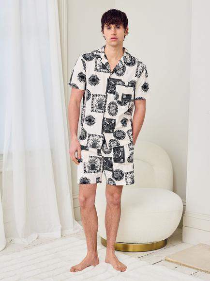 Chelsea Peers Cotton Stamp & Tile Print Short Pyjama Set, Off White - view 2, Off White