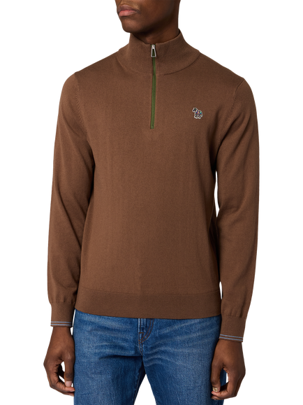 Paul Smith Cotton Rich Zebra Badge Regular Fit Zip Neck Sweatshirt, Mud, Mud