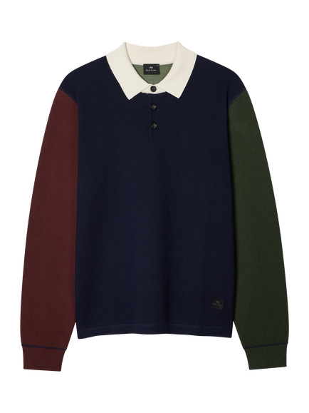 Paul Smith Colour Block Cotton Merino Wool Blend Polo Shirt, Very Dark Navy, Very Dark Navy