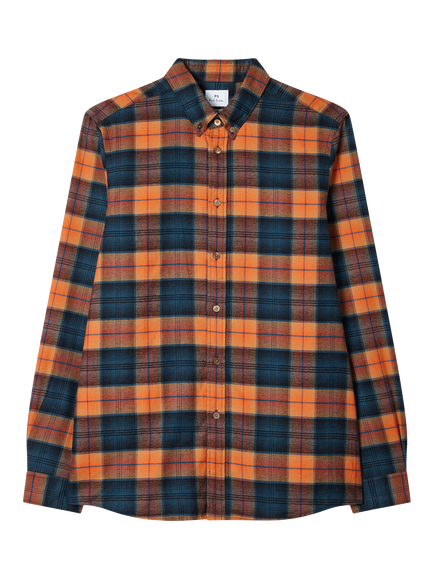 Paul Smith Pure Cotton Checked Long Sleeve Shirt, Pea Green, Dark Orange
