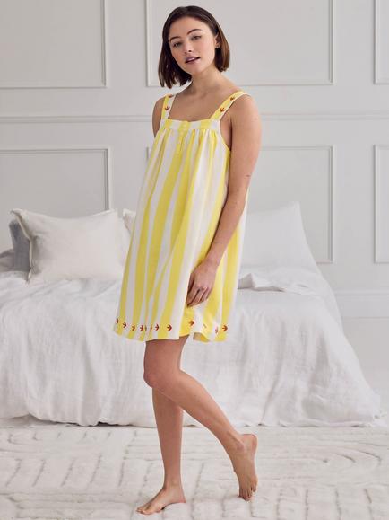Chelsea Peers Stripe Linen Rich Nightdress, Yellow - view 2, Yellow