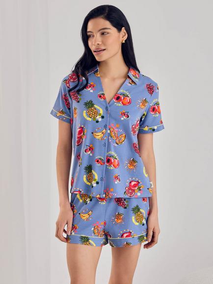 Chelsea Peers Fruit Party Button Down Short Pyjama Set, Blue, Blue