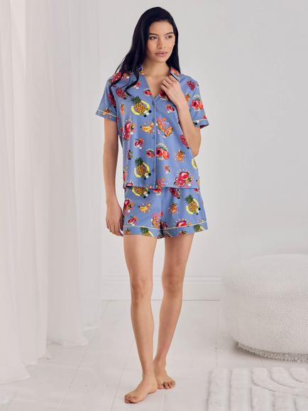Chelsea Peers Fruit Party Button Down Short Pyjama Set, Blue - view 2, Blue