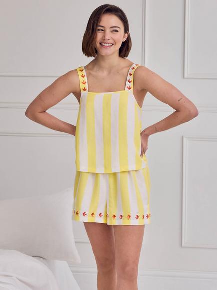 Chelsea Peers Stripe Linen Rich Short Pyjama Set, Yellow, Yellow