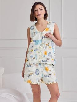 Chelsea Peers Scenic Stamps Tie Front Linen Rich Short Pyjama Set, Off White, Off White