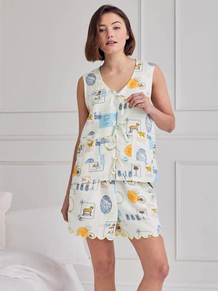Chelsea Peers Scenic Stamps Tie Front Linen Rich Short Pyjama Set, Off White, Off White