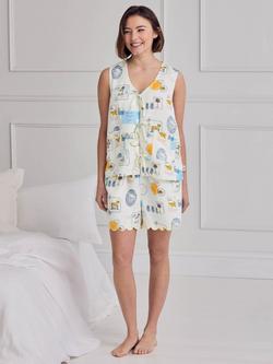 Chelsea Peers Scenic Stamps Tie Front Linen Rich Short Pyjama Set, Off White - view 2, Off White