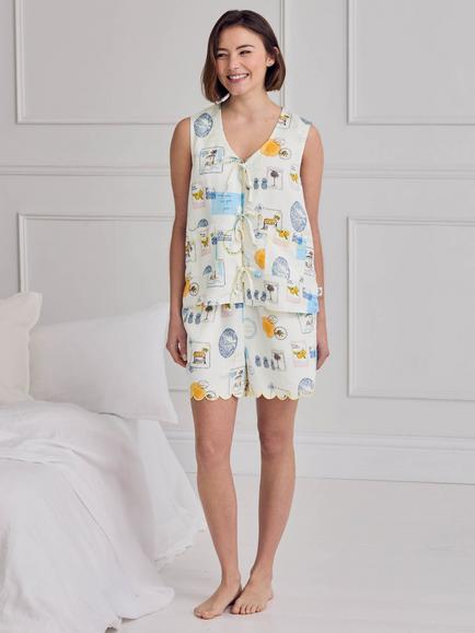 Chelsea Peers Scenic Stamps Tie Front Linen Rich Short Pyjama Set, Off White - view 2, Off White