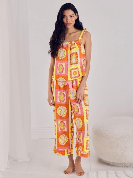 Chelsea Peers Tropical Patchwork Cotton Cheesecloth Rich Long Pyjama Set, Multi, Multi