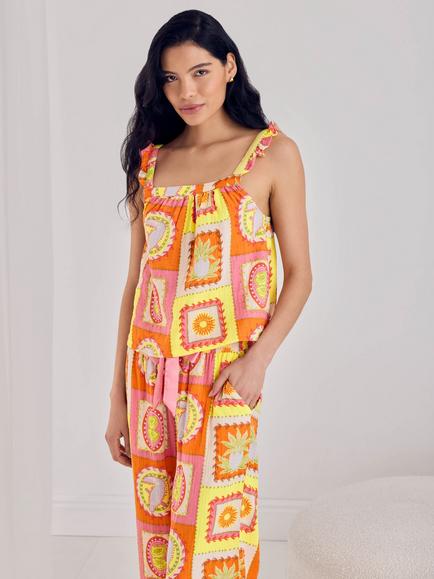 Chelsea Peers Tropical Patchwork Cotton Cheesecloth Rich Long Pyjama Set, Multi - view 2, Multi
