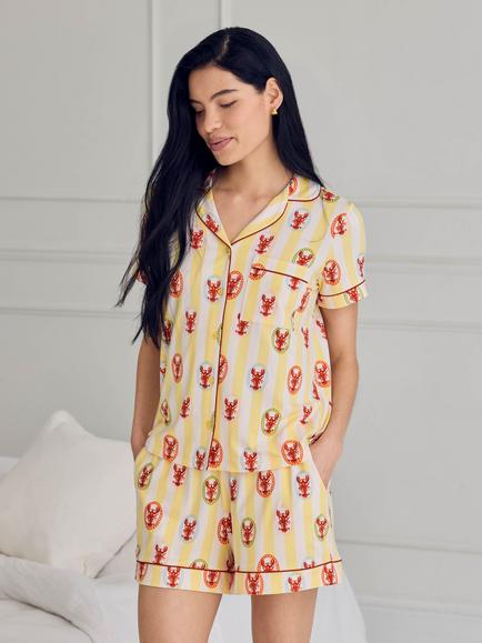 Chelsea Peers Lobster Stripe Button Down Short Pyjama Set, Yellow, Yellow