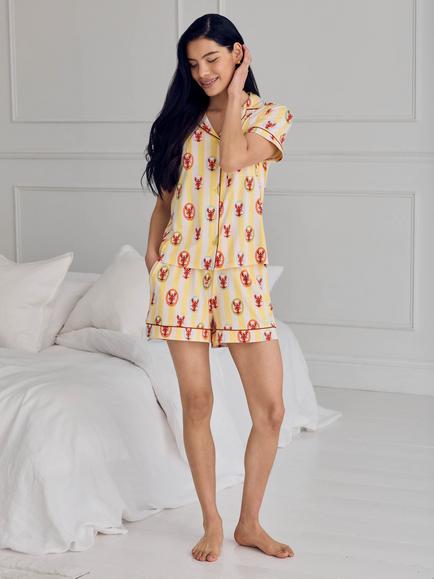 Chelsea Peers Lobster Stripe Button Down Short Pyjama Set, Yellow - view 2, Yellow