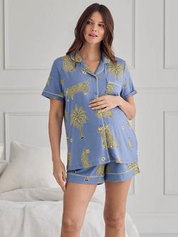 Chelsea Peers Midnight Leopard Button Down Short Maternity Pyjama Set, Blue, Blue