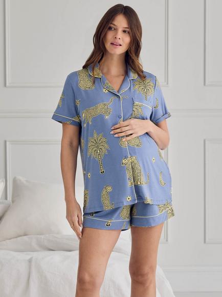 Chelsea Peers Midnight Leopard Button Down Short Maternity Pyjama Set, Blue, Blue