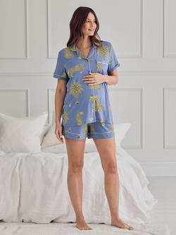 Chelsea Peers Midnight Leopard Button Down Short Maternity Pyjama Set, Blue - view 2, Blue
