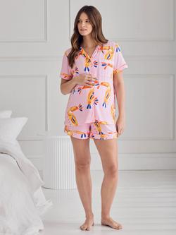 Chelsea Peers Toucan Button Down Short Maternity Pyjama Set containing TENCEL™ Modal, Pink - view 2, Pink