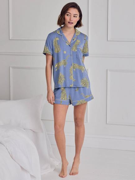 Chelsea Peers Midnight Leopard Button Down Short Pyjama Set containing TENCEL™ Modal, Blue, Blue