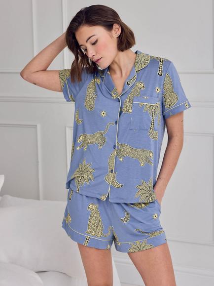 Chelsea Peers Midnight Leopard Button Down Short Pyjama Set containing TENCEL™ Modal, Blue - view 2, Blue