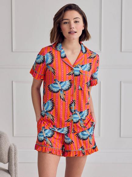 Chelsea Peers Parrot Stripe Frill Button Down Short Pyjama Set, Orange, Orange