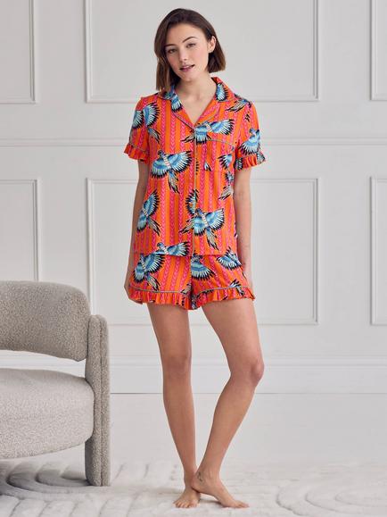 Chelsea Peers Parrot Stripe Frill Button Down Short Pyjama Set, Orange - view 2, Orange