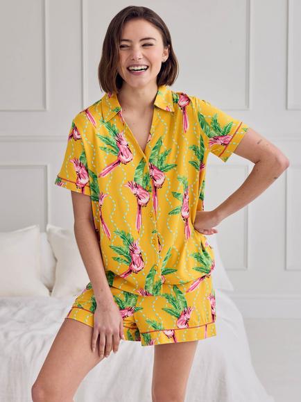 Chelsea Peers Parrot Wavy Stripe Button Down Short Pyjama Set, Orange, Orange