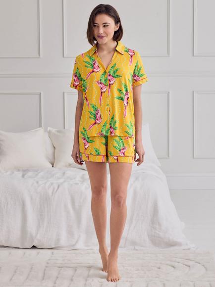 Chelsea Peers Parrot Wavy Stripe Button Down Short Pyjama Set, Orange - view 2, Orange